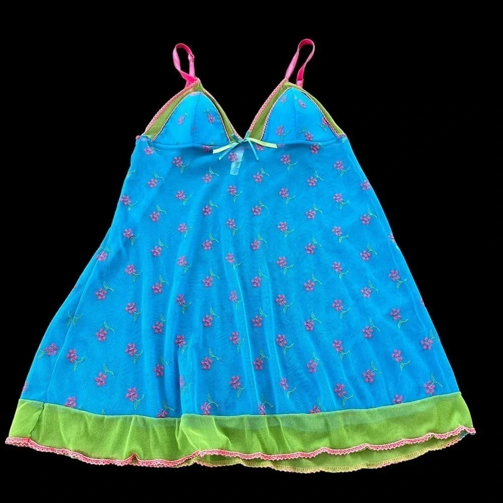 Victorias Secret 2006 Medium Blue Mesh Embroidered Chemise Slip Nightie Sheer M